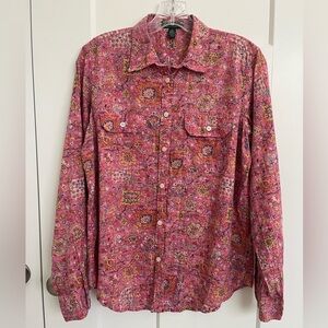 LRL Ralph Lauren Floral Paisley Button Shirt Pink Boho Western Cottagecore M